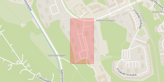 Karta som med röd fyrkant ramar in Vallhornsvägen, Huddinge, Stockholms län