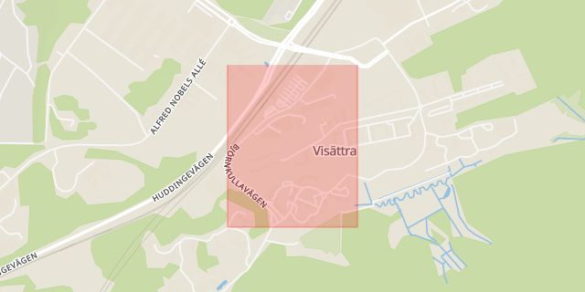 Karta som med röd fyrkant ramar in Björnkullavägen, Flemingsberg, Huddinge, Stockholms län