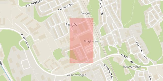Karta som med röd fyrkant ramar in Skogås Centrum, Huddinge, Stockholms län
