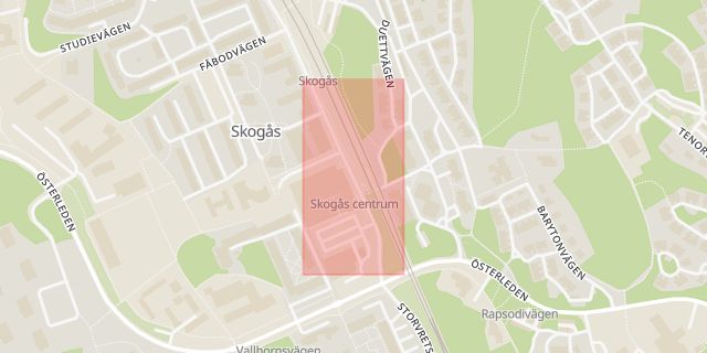 Karta som med röd fyrkant ramar in Skogås Centrum, Huddinge, Stockholms län