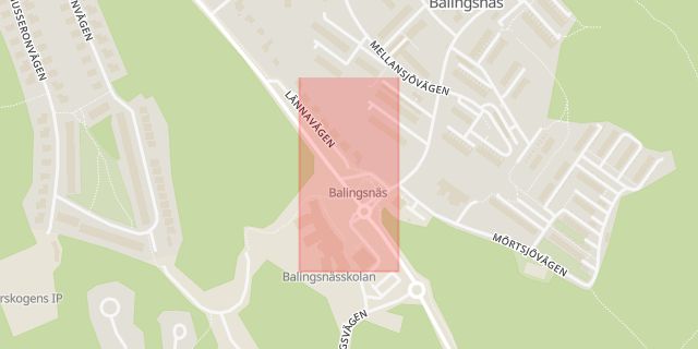 Karta som med röd fyrkant ramar in Lännavägen, Balingsnäs, Huddinge, Stockholms län