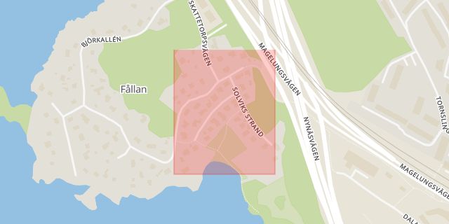 Karta som med röd fyrkant ramar in Magelungen, Solviks Strand, Huddinge, Stockholms län