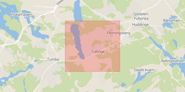 Karta som med röd fyrkant ramar in Tullinge, Botkyrka, Stockholms län