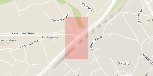 Karta som med röd fyrkant ramar in Glömstavägen, Huddingevägen, Huddinge, Stockholms län