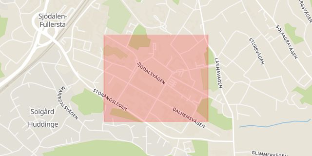 Karta som med röd fyrkant ramar in Sjödalen, Sjödalsvägen, Huddinge, Stockholms län