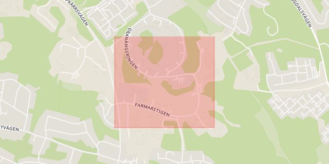 Karta som med röd fyrkant ramar in Hanviken, Farmarstigen, Tyresö, Stockholms län