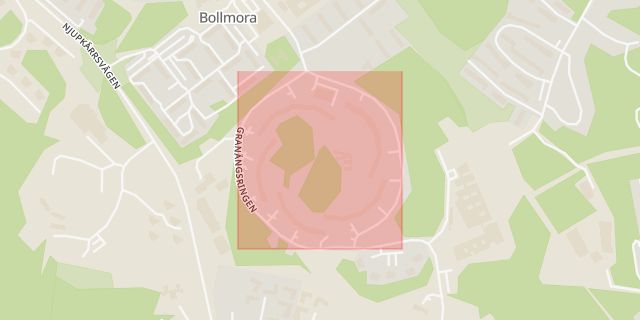 Karta som med röd fyrkant ramar in Granängsringen, Bollmora, Tyresö, Stockholms län