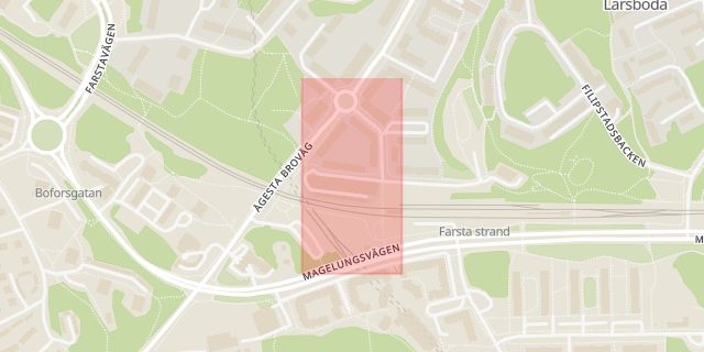 Karta som med röd fyrkant ramar in Brattforsgatan, Farsta, Farsta Strand, Stockholm, Stockholms län