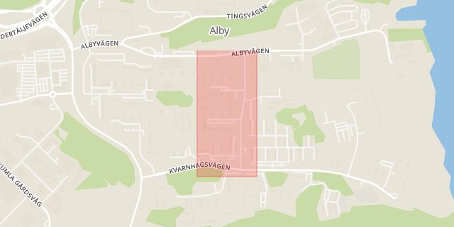 Karta som med röd fyrkant ramar in Alhagsvägen, Botkyrka, Stockholms län