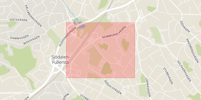 Karta som med röd fyrkant ramar in Sjödalen, Kommunalvägen, Huddinge, Stockholms län