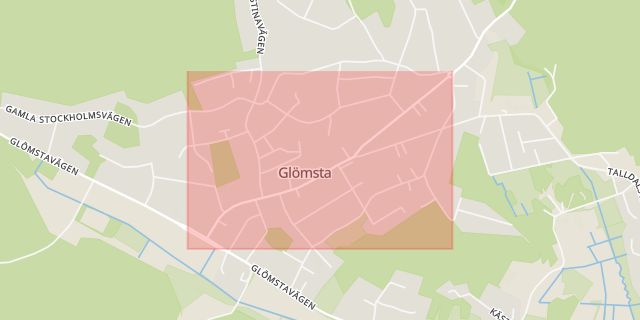 Karta som med röd fyrkant ramar in Glömsta, Gustav Adolfsvägen, Huddinge, Stockholms län
