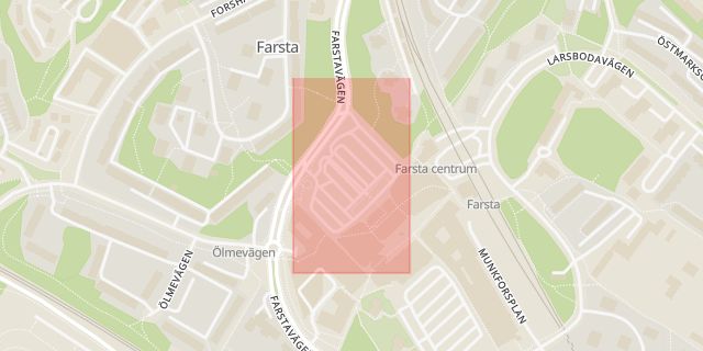 Karta som med röd fyrkant ramar in Farsta, Farstaplan, Stockholm, Stockholms län