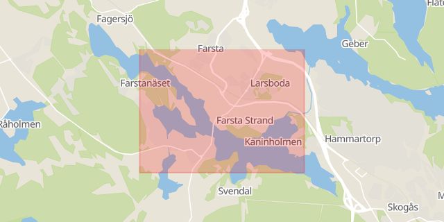 Karta som med röd fyrkant ramar in Farsta Strand, Älvsjö, Stockholm, Stockholms län
