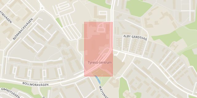 Karta som med röd fyrkant ramar in Tyresö Centrum, Tyresö, Stockholms län