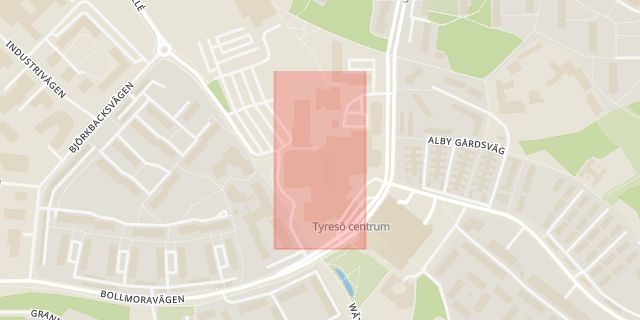 Karta som med röd fyrkant ramar in Bollmora, Tyresö Centrum, Tyresö, Stockholms län