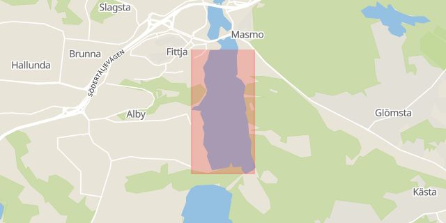 Karta som med röd fyrkant ramar in Albysjön, Botkyrka, Stockholms län