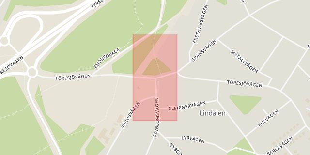 Karta som med röd fyrkant ramar in Lindalen, Linblomsvägen, Töresjövägen, Tyresö, Stockholms län