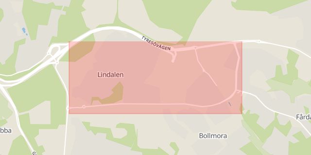 Karta som med röd fyrkant ramar in Bollmoravägen, Tyresö, Stockholms län