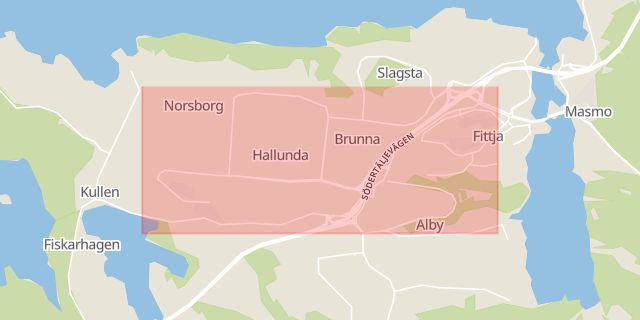 Karta som med röd fyrkant ramar in Norsborg, Hallundavägen, Botkyrka, Stockholms län
