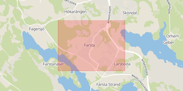 Karta som med röd fyrkant ramar in Farsta, Farsta Centrum, Stockholm, Stockholms län