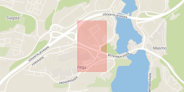 Karta som med röd fyrkant ramar in Fittjavägen, Botkyrka, Stockholms län