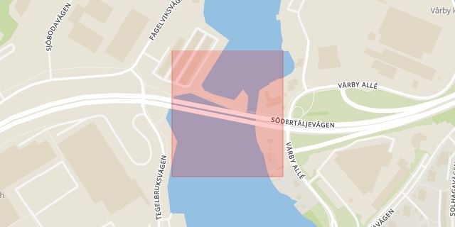 Karta som med röd fyrkant ramar in Vårbybron, Fittja, Huddinge, Stockholms län