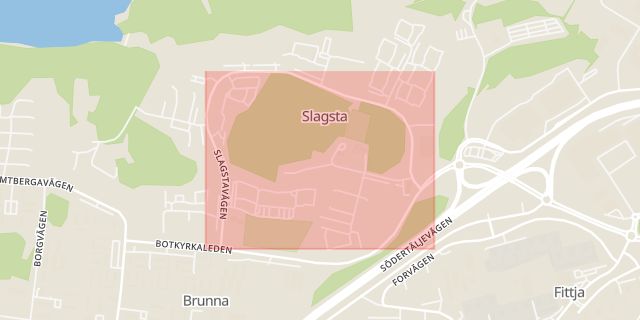 Karta som med röd fyrkant ramar in Slagstavägen, Norsborg, Botkyrka, Stockholms län