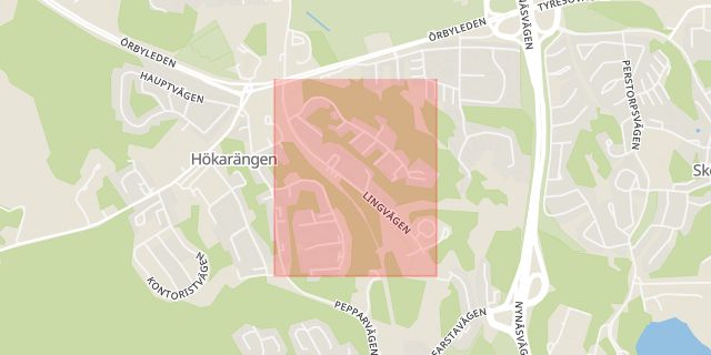 Karta som med röd fyrkant ramar in Hökarängen, Lingvägen, Stockholm, Stockholms län