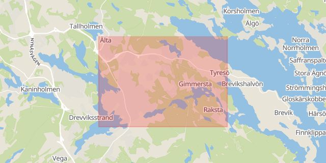 Karta som med röd fyrkant ramar in Tyresö, Stockholms län