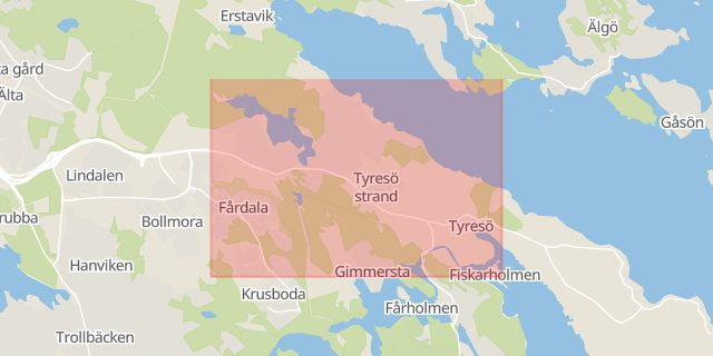 Karta som med röd fyrkant ramar in Tyresö Strand, Tyresö, Stockholms län