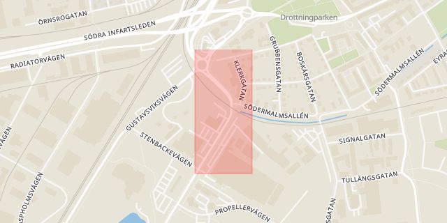 Karta som med röd fyrkant ramar in Klerkgatan, Södermalm, Örebro, Örebro län