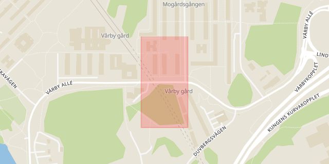 Karta som med röd fyrkant ramar in Vårby Gård, Huddinge, Stockholms län