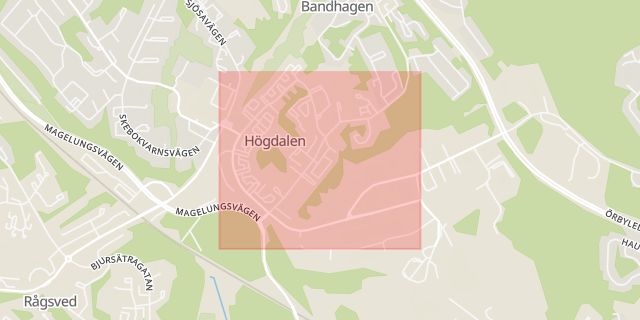 Karta som med röd fyrkant ramar in Högdalen, Harpsundsvägen, Stockholm, Stockholms län