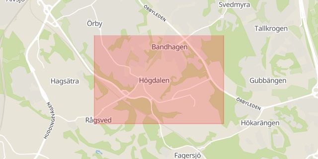 Karta som med röd fyrkant ramar in Bandhagen, Högdalen, Stockholm, Stockholms län