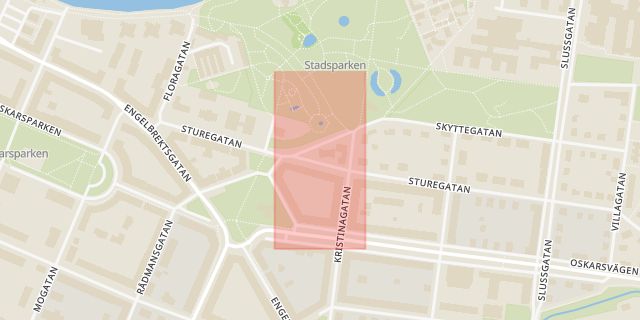 Karta som med röd fyrkant ramar in Sturegatan, Stadsparken, Örebro, Örebro län