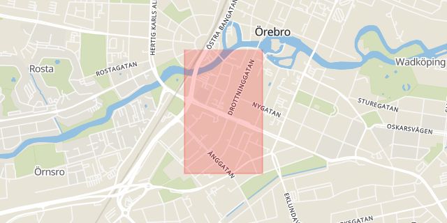 Karta som med röd fyrkant ramar in Drottninggatan, Örebro, Örebro län