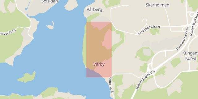 Karta som med röd fyrkant ramar in Vårby, Vårbackavägen, Huddinge, Stockholms län