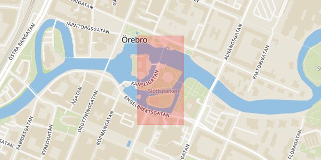 Karta som med röd fyrkant ramar in Slottsparken, Örebro, Örebro län