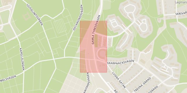 Karta som med röd fyrkant ramar in Pungpinan, Skarpnäcks Gård, Stockholm, Stockholms län
