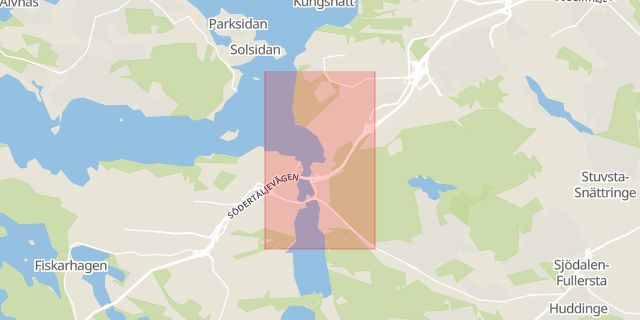Karta som med röd fyrkant ramar in Vårby, Huddinge, Stockholms län