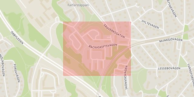 Karta som med röd fyrkant ramar in Stureby, Bäckaskiftsvägen, Stockholm, Stockholms län