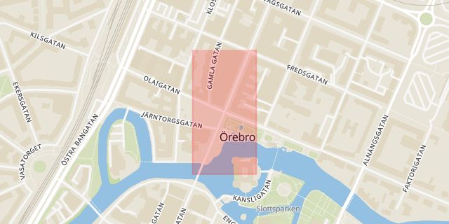 Karta som med röd fyrkant ramar in Järntorget, Olaigatan, Örebro, Örebro län