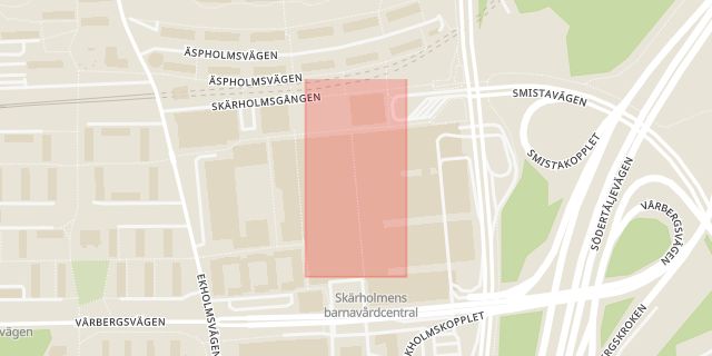 Karta som med röd fyrkant ramar in Skärholmens Centrum, Vårberg, Stockholm, Stockholms län