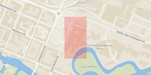 Karta som med röd fyrkant ramar in Universitetssjukhuset, Örebro, Örebro län