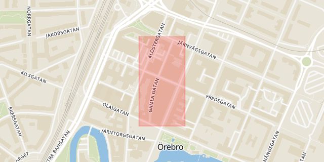 Karta som med röd fyrkant ramar in Gamla Gatan, Kyrkogatan, Örebro, Örebro län
