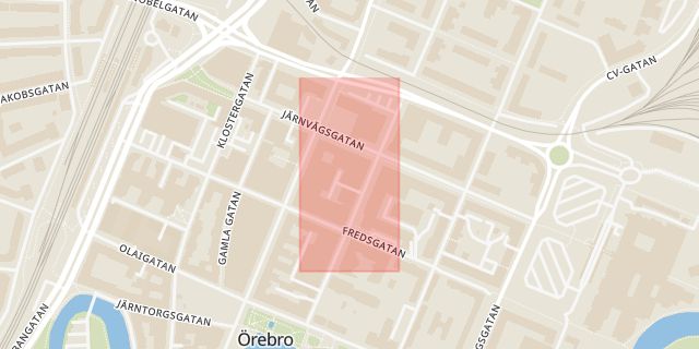 Karta som med röd fyrkant ramar in Norr City, Fredsgatan, Örebro, Örebro län