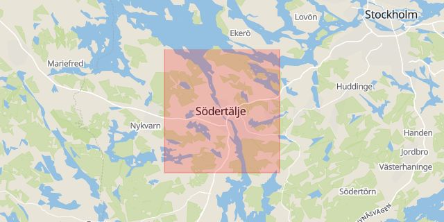 Karta som med röd fyrkant ramar in Södertälje, Botkyrka, Hägersten, Stockholms län