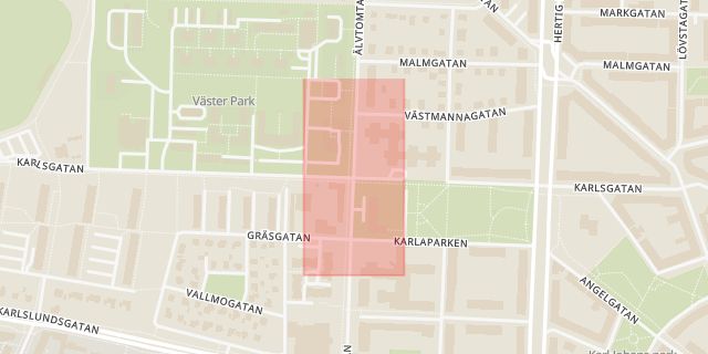 Karta som med röd fyrkant ramar in Karlsgatan, Älvtomtagatan, Örebro, Örebro län