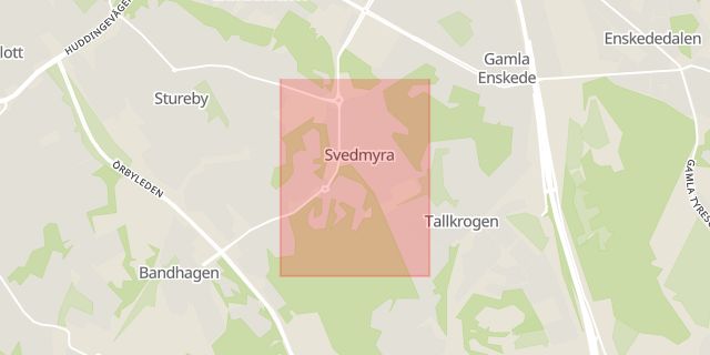 Karta som med röd fyrkant ramar in Svedmyra, Hagsätra, Stockholm, Stockholms län