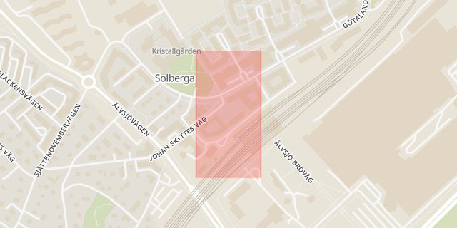 Karta som med röd fyrkant ramar in Solberga, Älvsjö Torg, Stockholm, Stockholms län